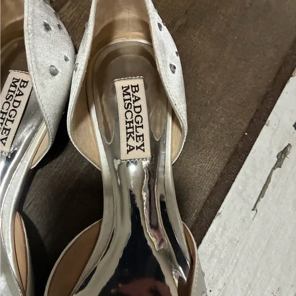 Badgley Mischka White Crystal Satin Heels - Picture 2 of 4